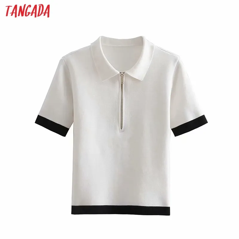 Mujeres verano moda elegante blanco punto suéter jumper cremallera manga corta jerseys chic tops 6h41 210416