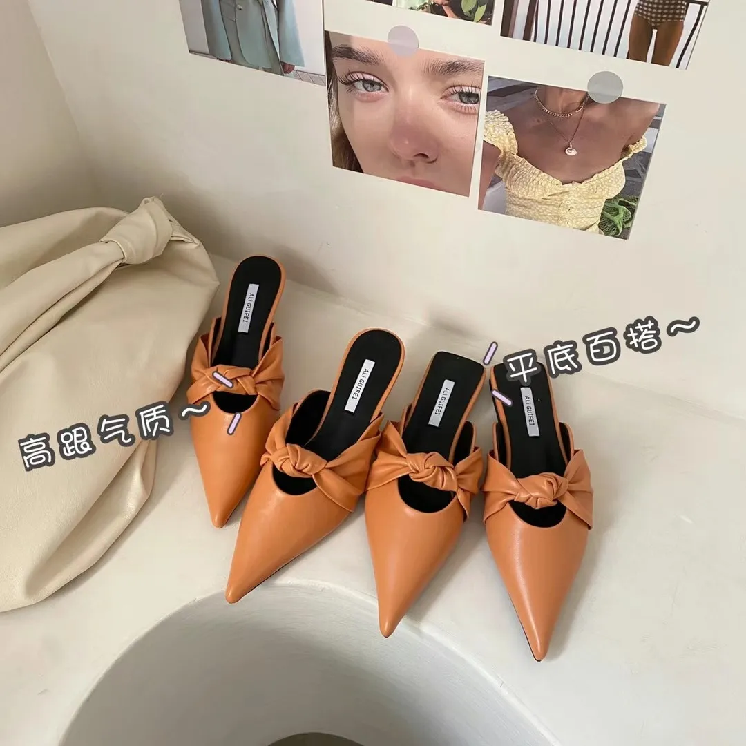 Femmes élégantes Pantoufles Bout pointu Bow Design Chaussures à talons plats Orange Confortables Casual Appartements Chaussures de plage Femme Taille 35-39 210513