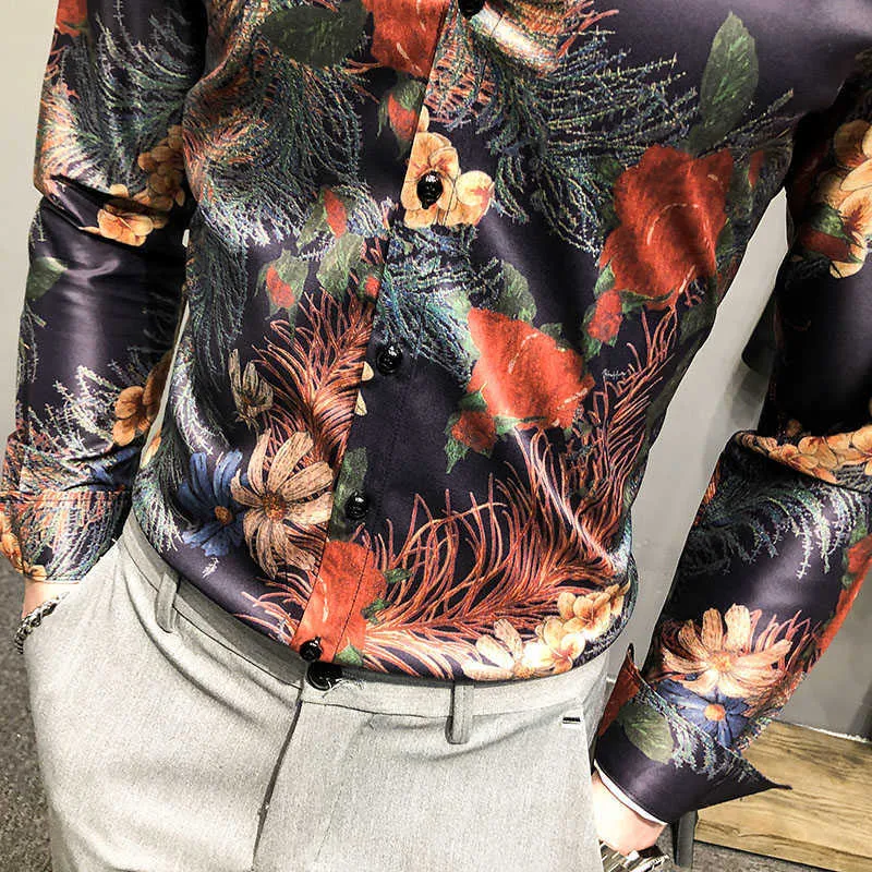 Chemise à manches longues pour hommes, imprimé floral, bouton à manches longues, chemises à col rabattu, streetwear, chemisier social, vêtements pour hommes 210527