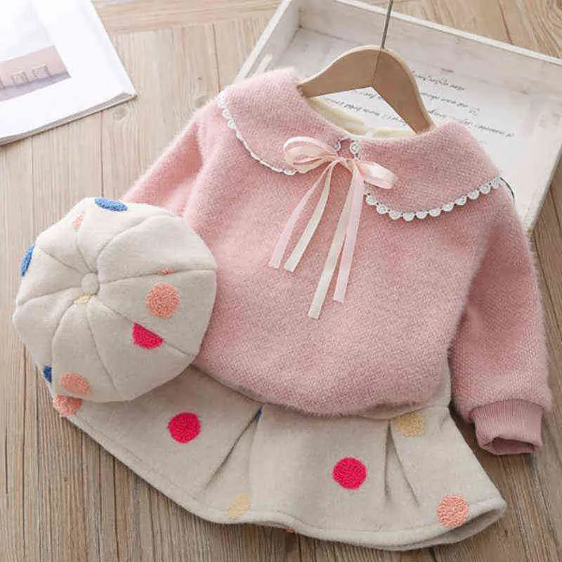 Bebek Kız Kış Sıcak Giyim Çocuk Polka Dot Etek Peluş Iki Parçalı Suit Bebek Yaka Yün Kazak Artı Kadife Kalınlaşma Seti 211224