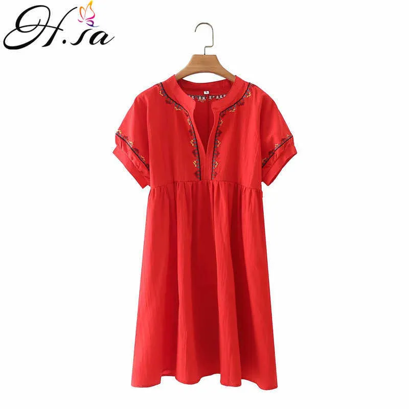 HSA Kvinnor Sommarklänning Kortärmad Retro Vintage Pläterad Vestidos Hög midja Svart Vit Röd Slim Loose Style Chic Beach Dress 210716