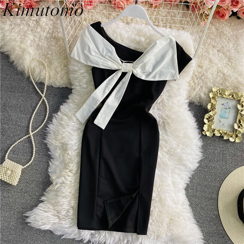 Kimutomo Abiti eleganti con fiocco Donna Summer Style Ladies Slash Neck Split Slim vita alta Party Dress Korea Chic 210521