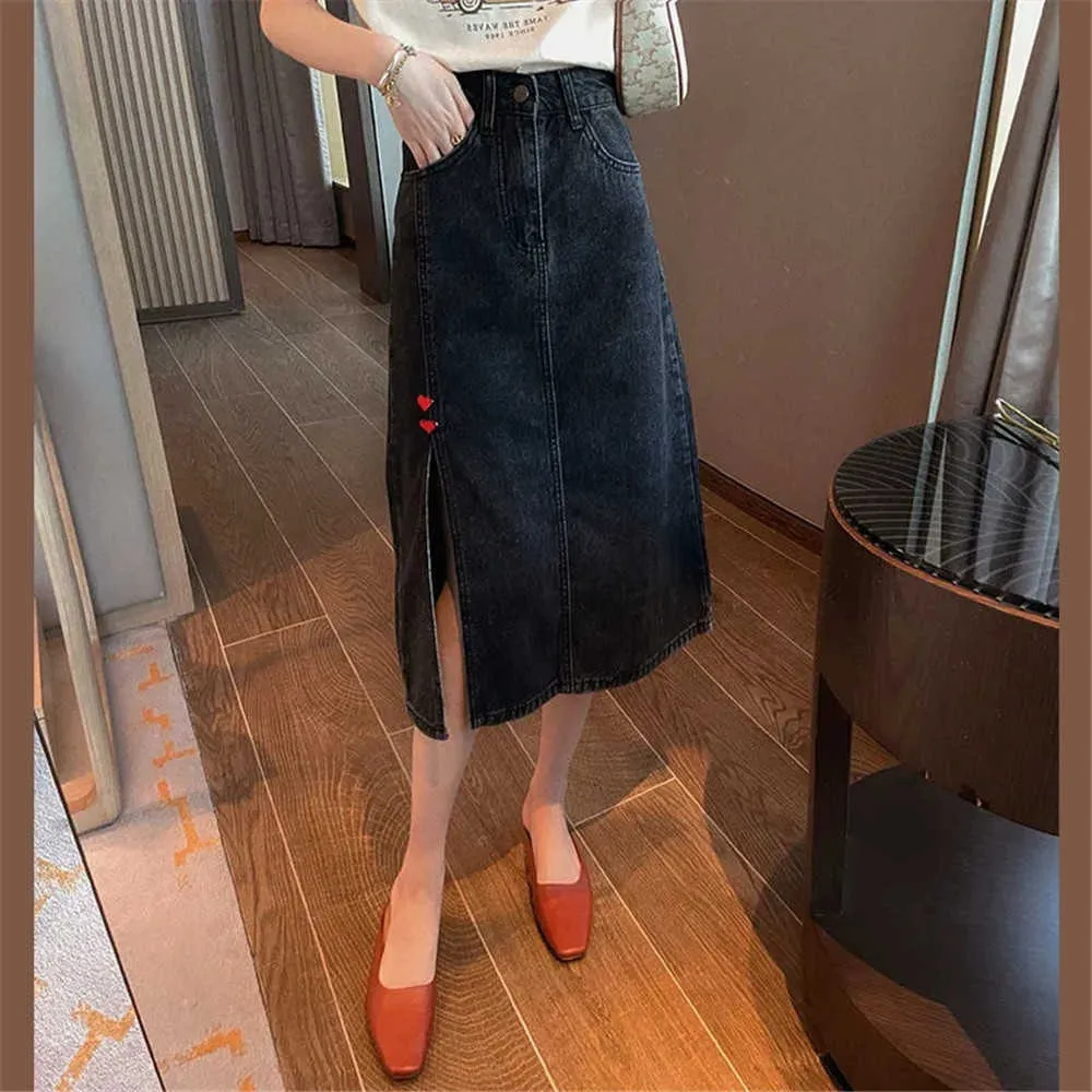 Femmes Red Love Korean Long Jeans Midi Jupes lâches Noir Split Taille haute Fairycore Denim Vintage Tangada Harajuku Y2K Jupe 210619