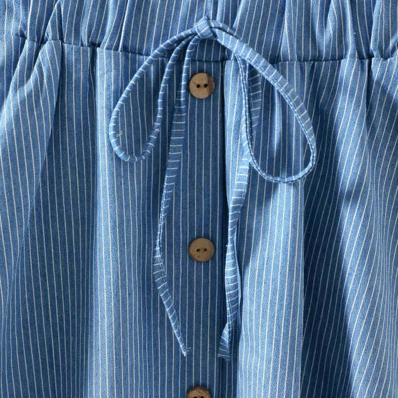 Kvinnor ruffle hög midja veckad kjol Summer Knee Lenth Bow Strap Denim kjolar Nya koreanska blå randig midi kjol kvinnlig 210415