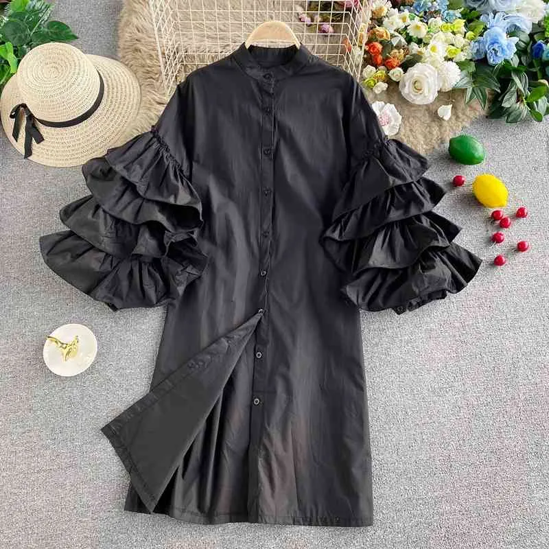 Korobov Autumn Retro Palace Style Puff Sleeve Dress Design Niche Mid-length Loose Temperament Long-sleeved Shirt Skirt 210430