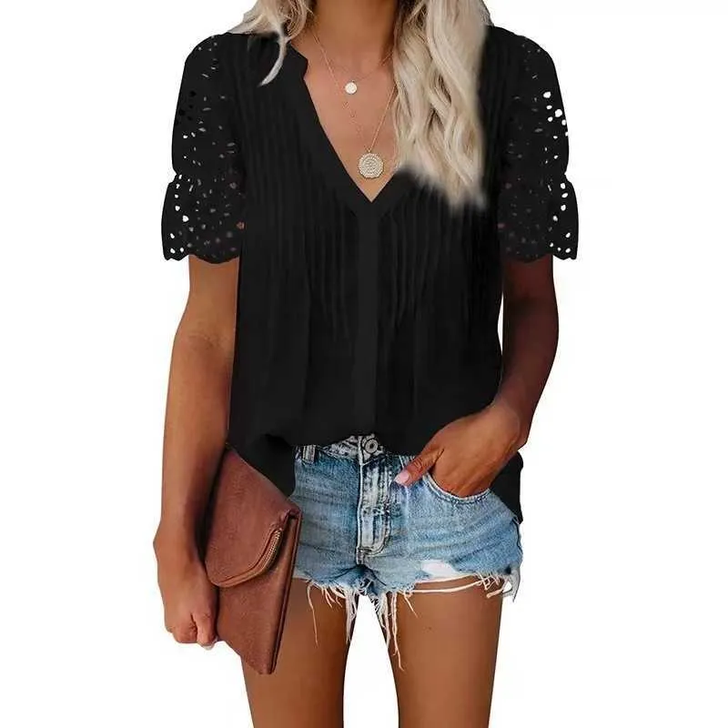 Vrouwen V-hals Top Zomer Casual Effen Kleur Geplooide Kant Stikken Korte Mouwen T-shirt Elegant Kantoor Losse Holle Kleren Y0621