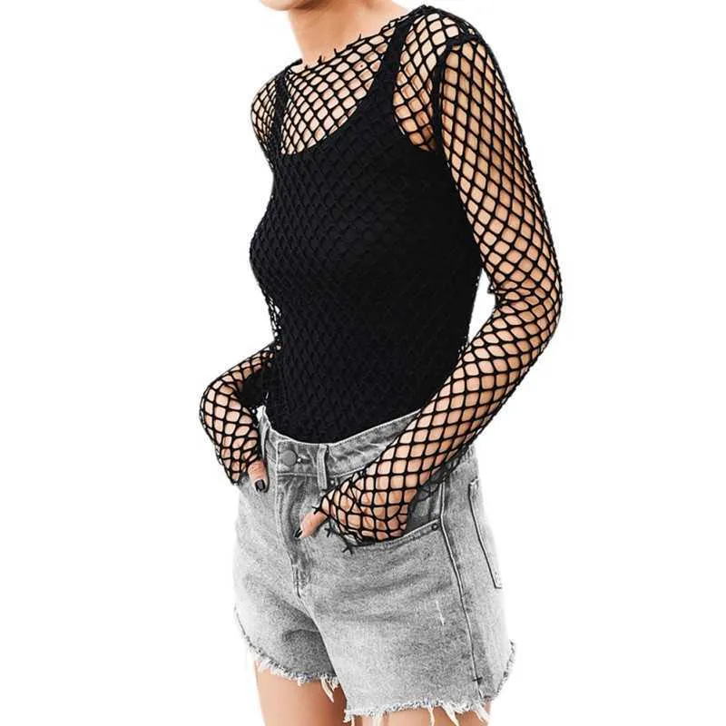 Women See Through Perspective Sheer Mesh Fishnet Tee Bodycon Long Sleeve Tops Beach T-shirt New Design Party Club Tops X0628
