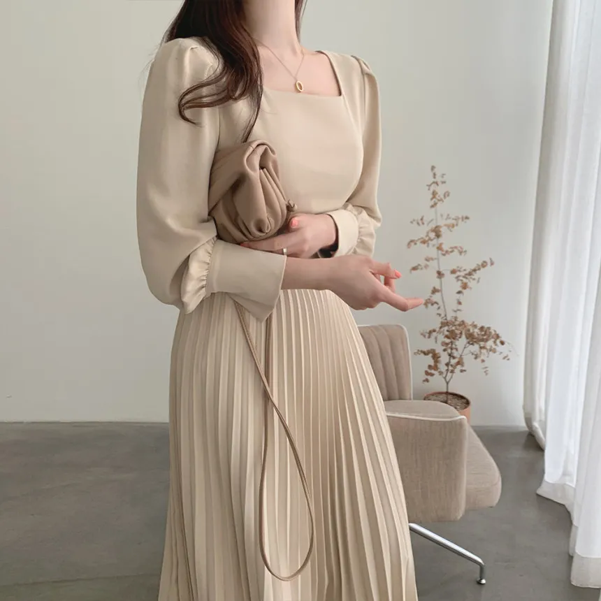 Autumn Korean Women Dress Elegant Long Sleeve Tunic Slim Square Collar Pleated Dresses Pink Beige Vestido De Festa 210513