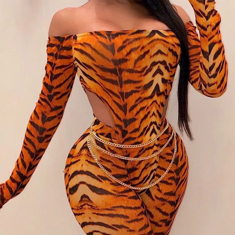 Bodysuit sexy de manga comprida com estampa de leopardo OMSJ + leggings conjunto de 2 peças roupas femininas de clube combinaison Femme Pantalon 210517