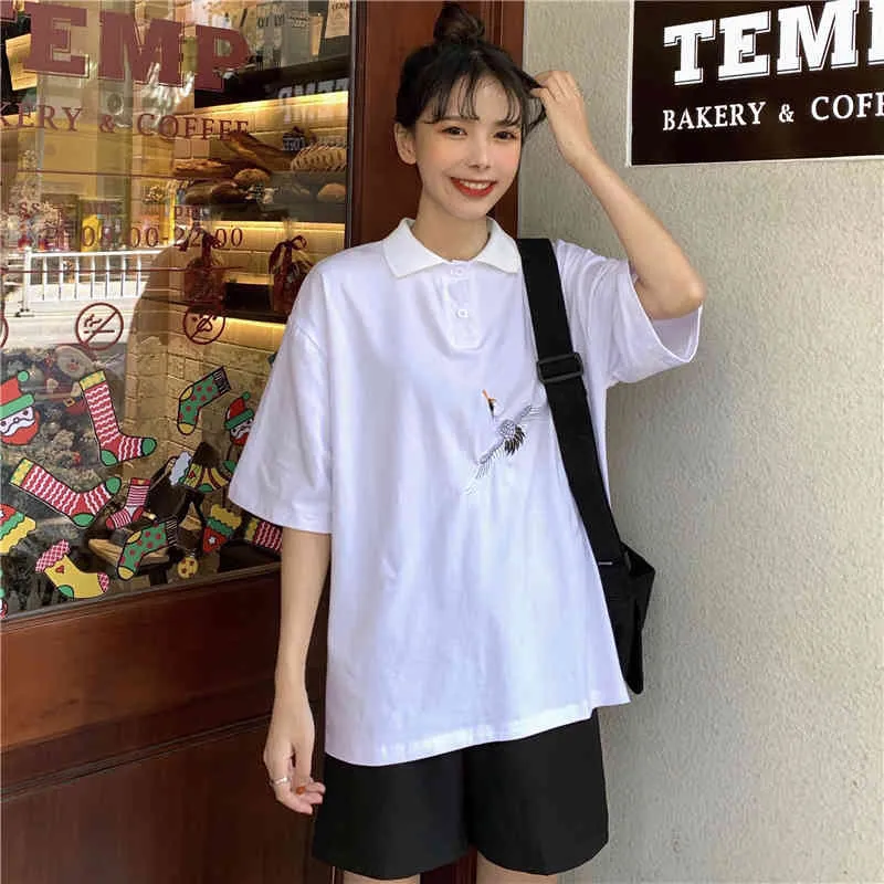 Sale Girls Embroidery Streetwear Cute All Match Short Sleeves Korean Sweet Brief Lapel Chic T-Shirts 210525