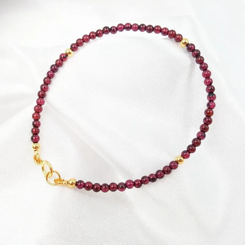 Lii Ji Natürliche AAA Roter Granat 3-4mm Perlen 925 Sterling Silber Goldfarbe Mode Edelstein Fußkettchen Frauen Geschenk