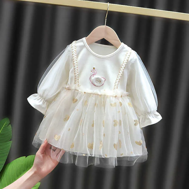 Bear Leader Autumn Fashion Princess Birthday Dresses born Baby Girls Sweet Swan Lace Dress Infant Voile Patchwork Vestidos 210708