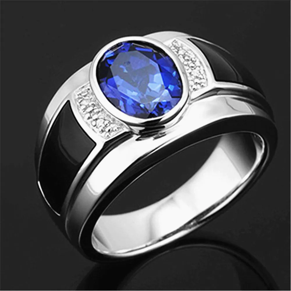 Mode safir ädelstenar blå kristall svart agat zirkon diamanter ringar för män vit guld silver färg smycken fest bague