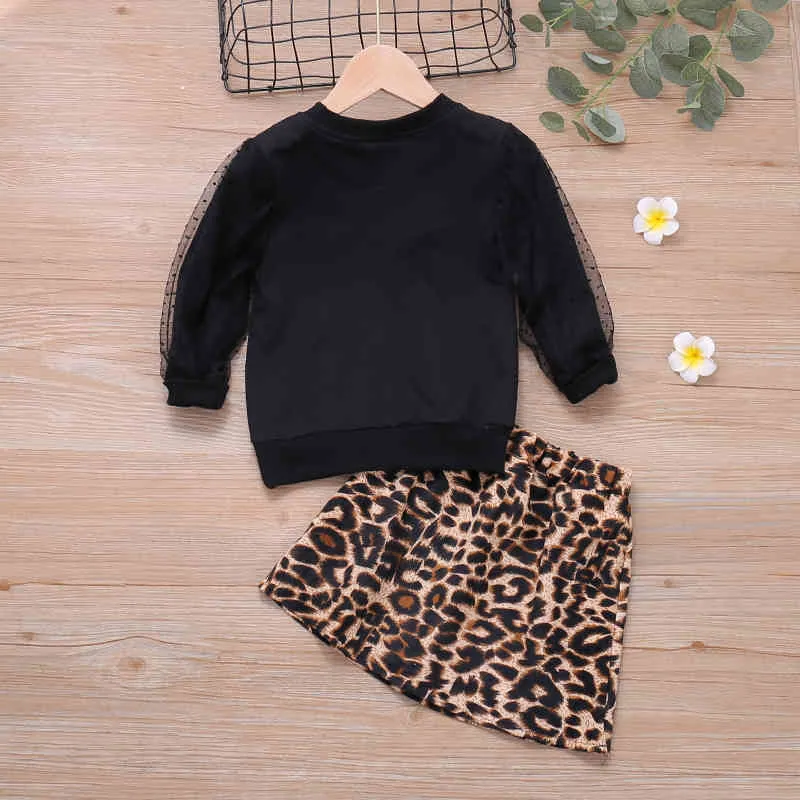 Moda Autunno Vestiti ragazza Tinta unita Girocollo Top manica lunga + Gonna con stampa leopardata Set Abbigliamento bambini Primavera 210515