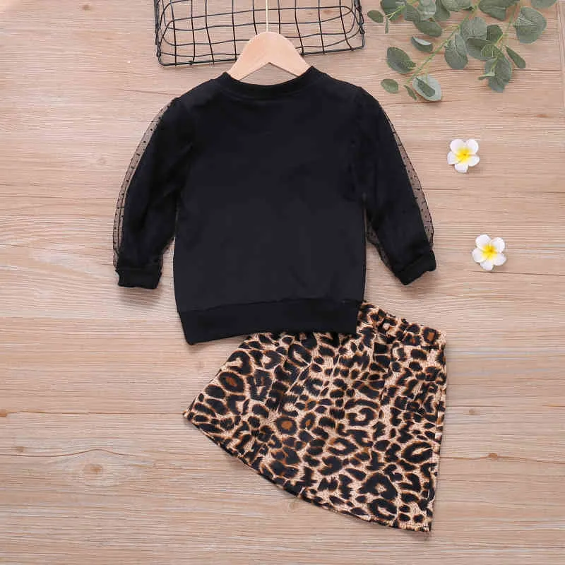 Mode herfst meisje kleding effen kleur ronde hals lange mouw top + luipaard print rok set kinderkleding lente 210515