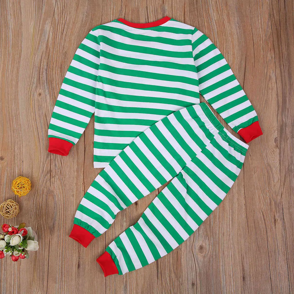 6m-5y Christmas Toddler Kid Baby Boy Girl Pajama Set Red Green Striped Cartoon Santa Outfits Xmas Kostymer 210515