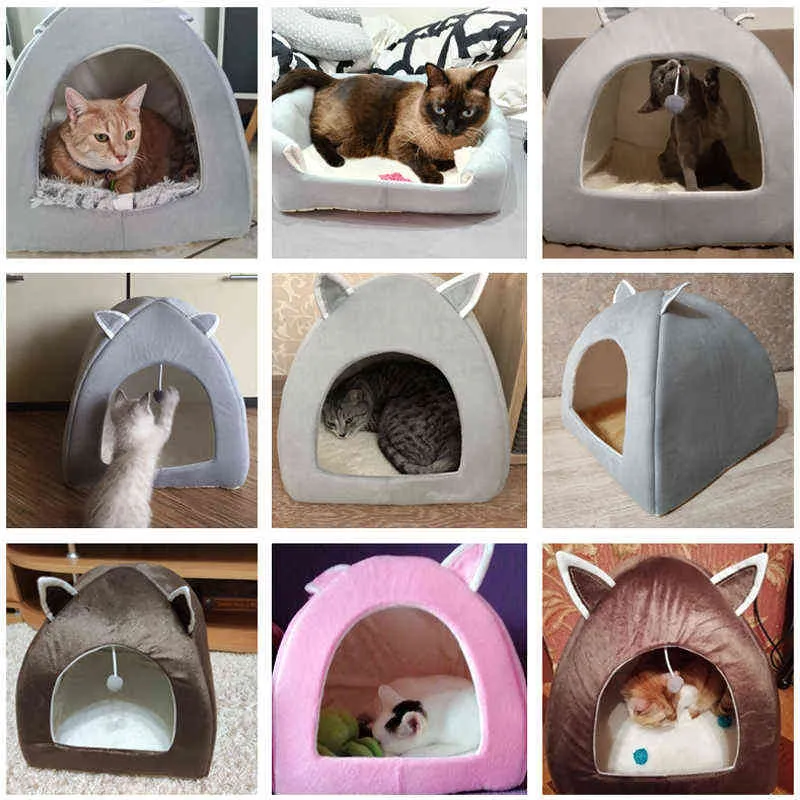 Tente de chat nid d'hiver lit pliable intérieur chiot mascottes casa grotte maison pour animaux de compagnie avec coussin doux en peluche 211111