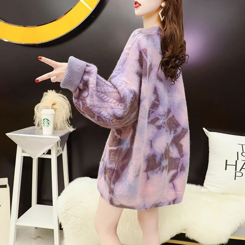 H.SA Kvinnor Casual Sticka Pullovers Oversized Long Chic Koreansk Tröja Toppar Tie Dye Pull Jumpers Kvinna Stickad 210417