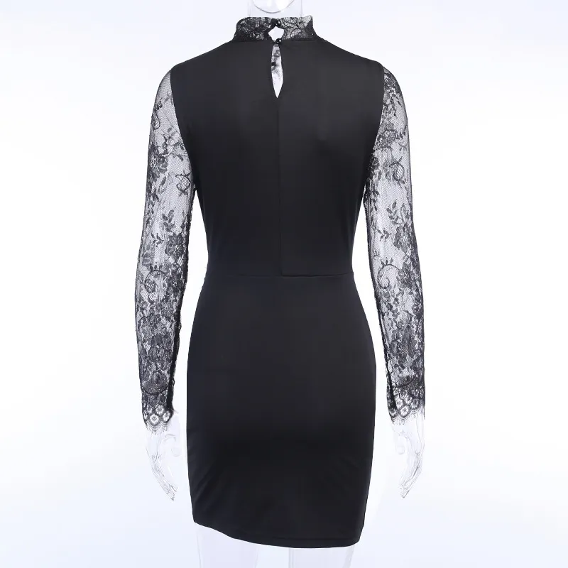 NewAsia Garden Cut Out Lace Dress Women See Through Lace Long Sleeve Bodycon Dresses Woman Party Night Slim Fit Club Dress 210413