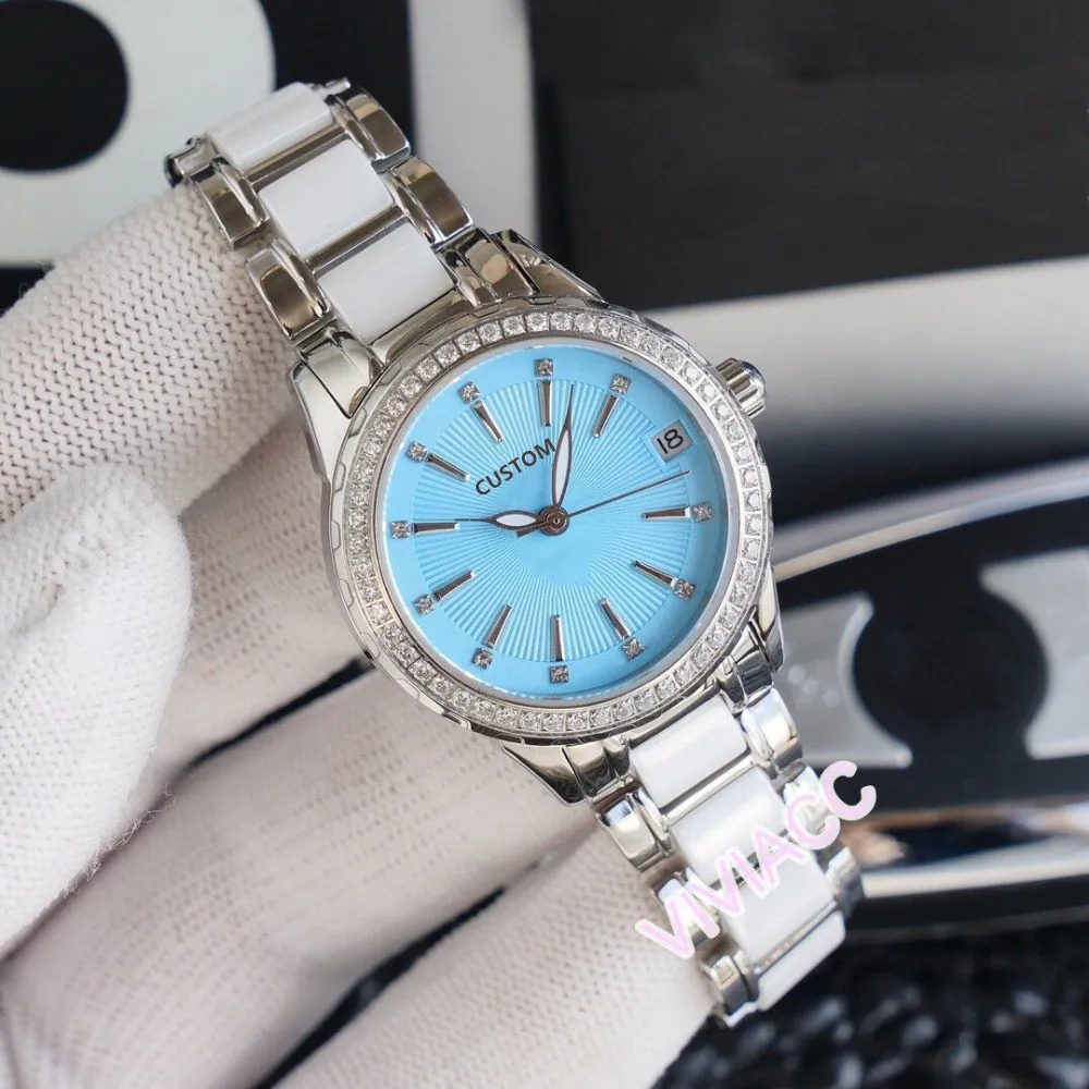 Fashion Women Automatic Mechanical ceramic watches Pink Blue dial clock Stainless Steel geometric cz diamond calendar Watch