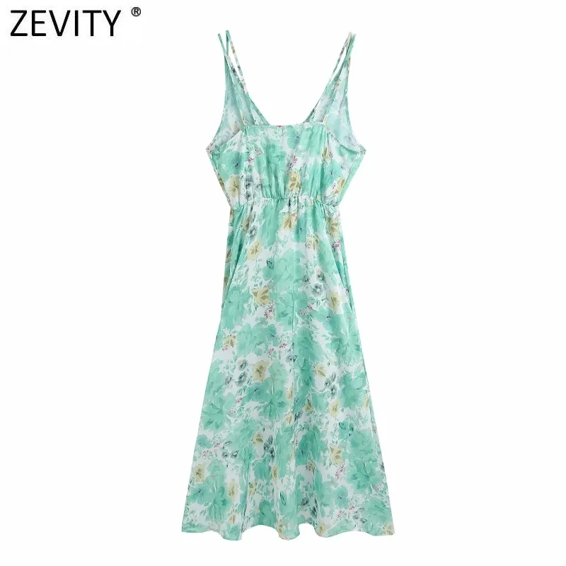 Kobiety Sexy Głęboki V Neck Zielony Kwiatowy Druku Sling Sukienka Kobieta Elastyczna Talia Boho Vestido Chic Casual Summer Dresses DS8316 210420