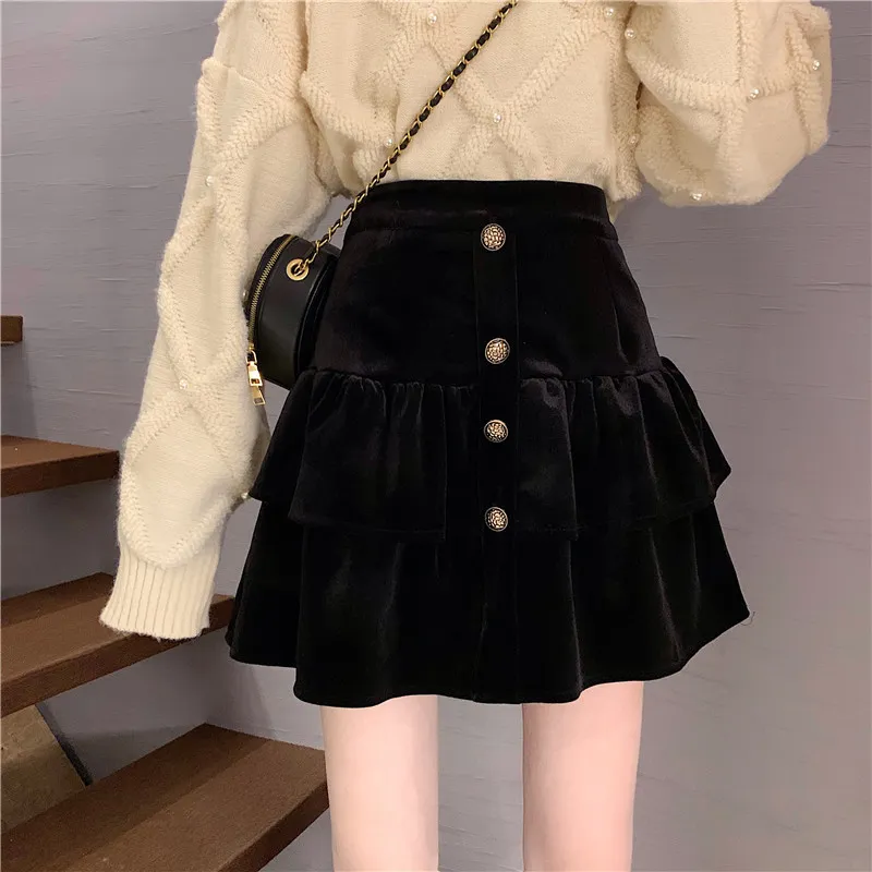 Ezgaga Velour High Waist Skirts Fashion Vintage A-Line Solid Black Cupcake Skirts Elegant Sweet Korean Chic Jupe Femme 210430