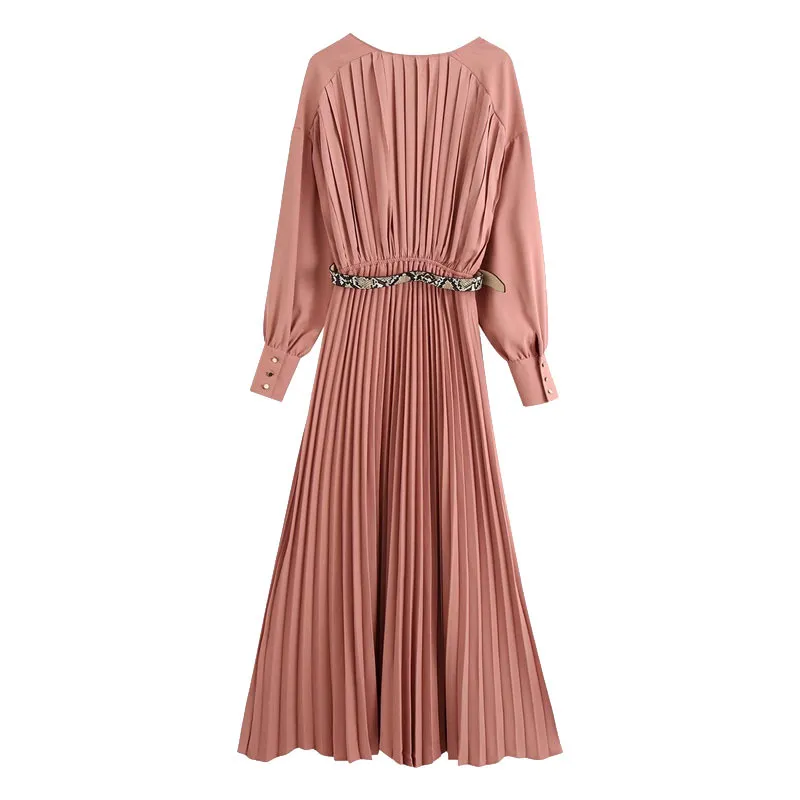 Femmes Vintage Chic Serpent Ceinture Plissée Maxi Robe Mode Élégante Col En V Robes À Manches Longues Robes Mujer 210520