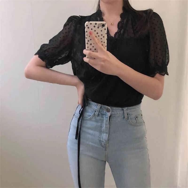 COMELSESSYY Summer Summer V-Neck Vintage Lace Camicie Femminile Polka Dot Ufficio Signora Singola Top Abbigliamento All Match Streetwear Blouses 210515