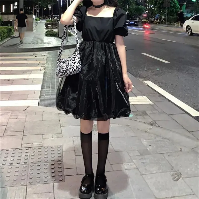 Giapponese Lolita Tutu Dress Donna Principessa Nero Vita alta Gotico Mini Bianco Manicotto a sbuffo Pizzo Mesh Ruffle Dolce 210421