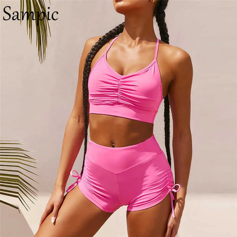 Sampic Outfits Femme Kleidung Weiß Sport Skinny Trainingsanzug Sommer Frauen Casual Sexy Crop Tops und Biker Shorts Zwei Stück Set Y0702