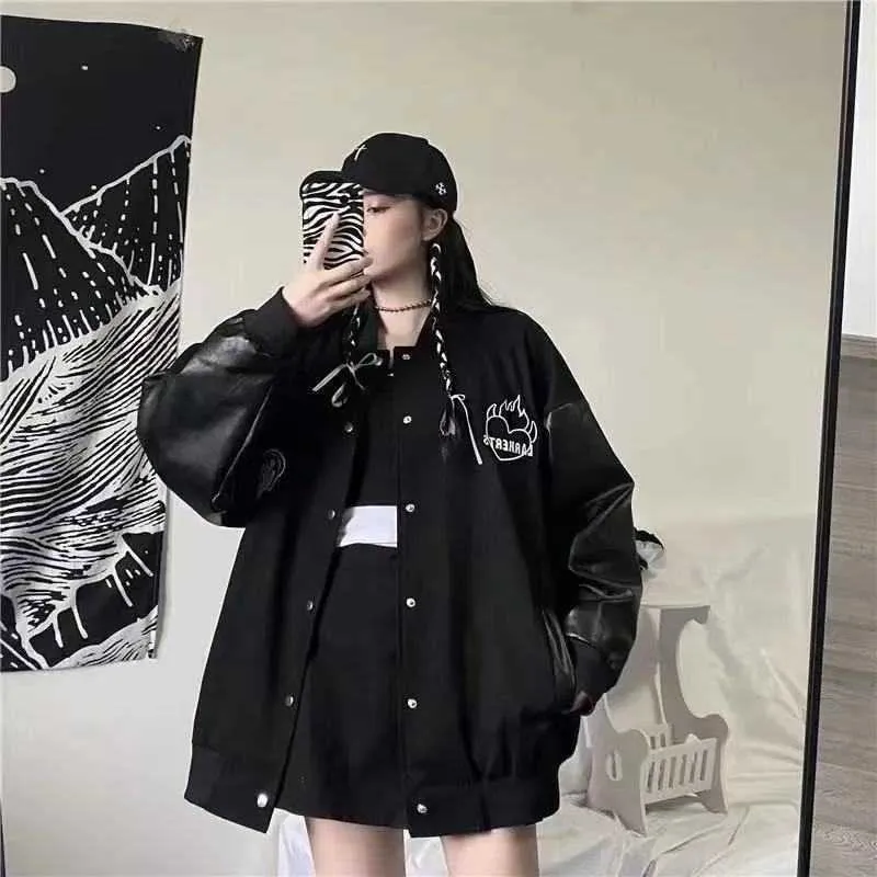 Gençlik Giyim Kadın Kore Harajuku Tarzı Ceket Boy Deri Saf Siyah 210922