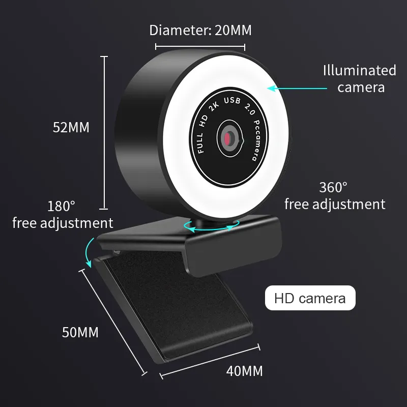 Автофокус 2K 1080P Cam HD Микрофон кольцевой свет Компьютерная ПК камера со светодиодной лампой Web Cam Skype OBS Steam