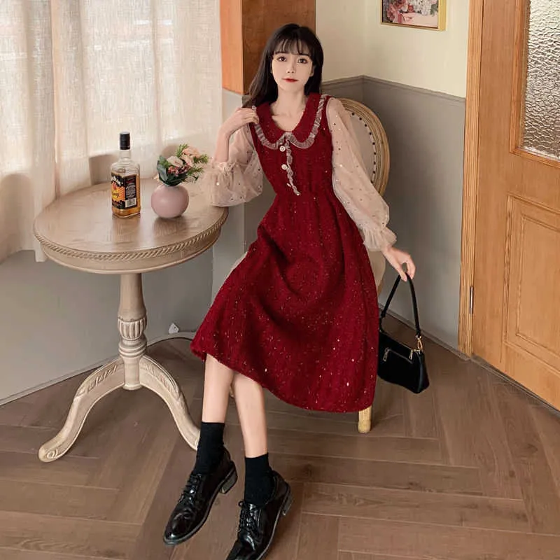 Franse vintage sequin jurk rode pop kraag vrouwen lange mouwen fee Koreaanse dames lente kleding 210604