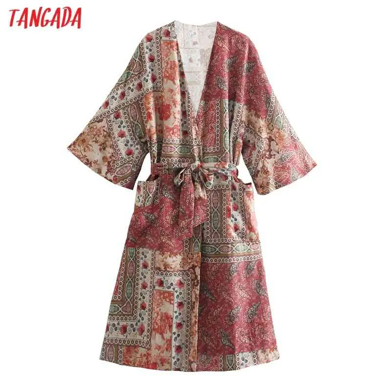 Cappotto lungo kimono casual con stampa vintage da donna Cintura femminile Chic Top con cuciture aperte da spiaggia 5Z108 210416