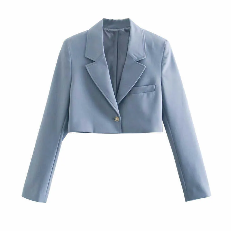 ZA azul colhido blazer mulheres manga comprida almofadas de ombro escritório casaco blazers mulher moda wrap vintage outerwear top 210602