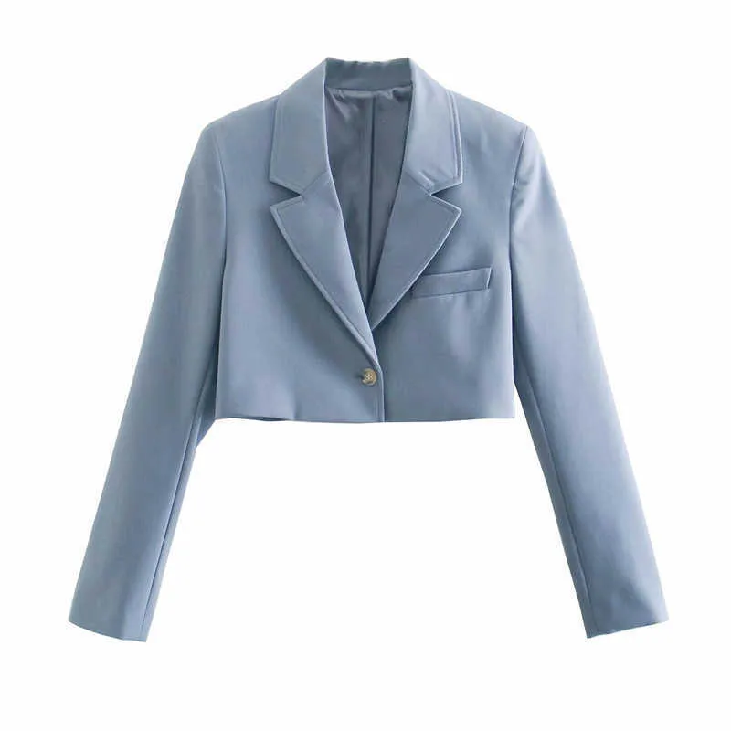 Za Blue Cropped Blazer Femmes À Manches Longues Épaulettes Bureau Manteau Blazers Femme Mode Wrap Printemps Vintage Survêtement Top 210602