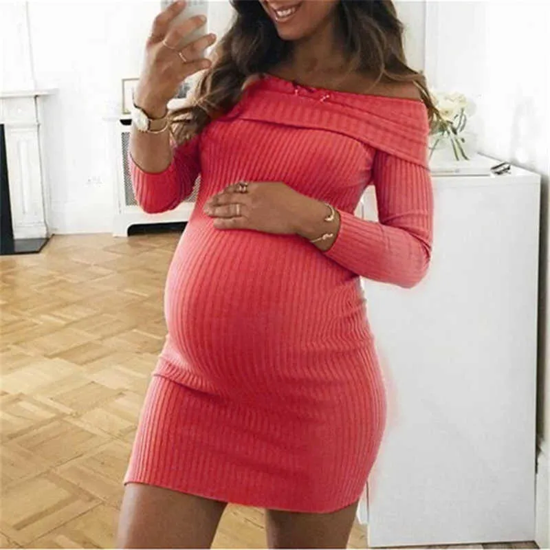 2020 Vår New Style Women's Gravidy Casual Slash Neck Mini Dress Maternity Långärmad Kläder Kvinna Klänningar Vestidos Y0924