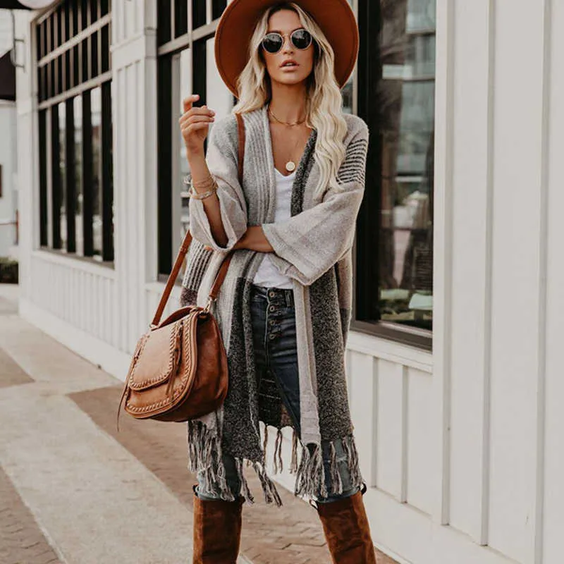 Fitshinling Bohemian Fringe Cardigan Femmes Vêtements Patchwork Slim Long Manteau Femme Hiver Vintage Tricots Pulls Cardigans 211011