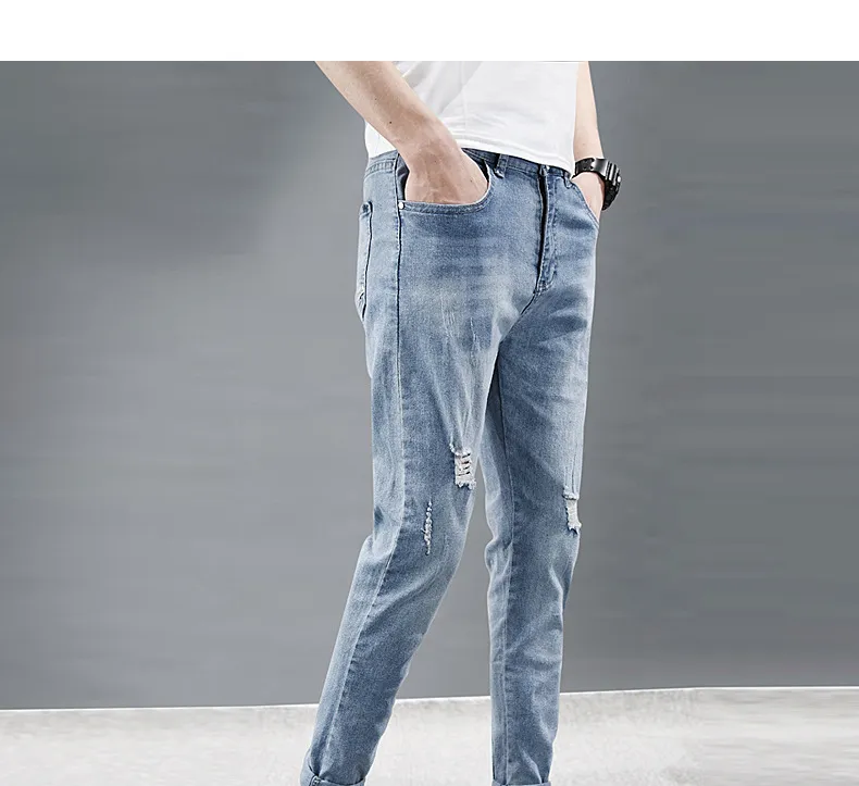 Ebaihui homens estilo empresarial primavera verão novo jeans para homens coreano na moda slim nove centavos calças lazer solto pequeno pés de cintura baixa macho preto calças azuis