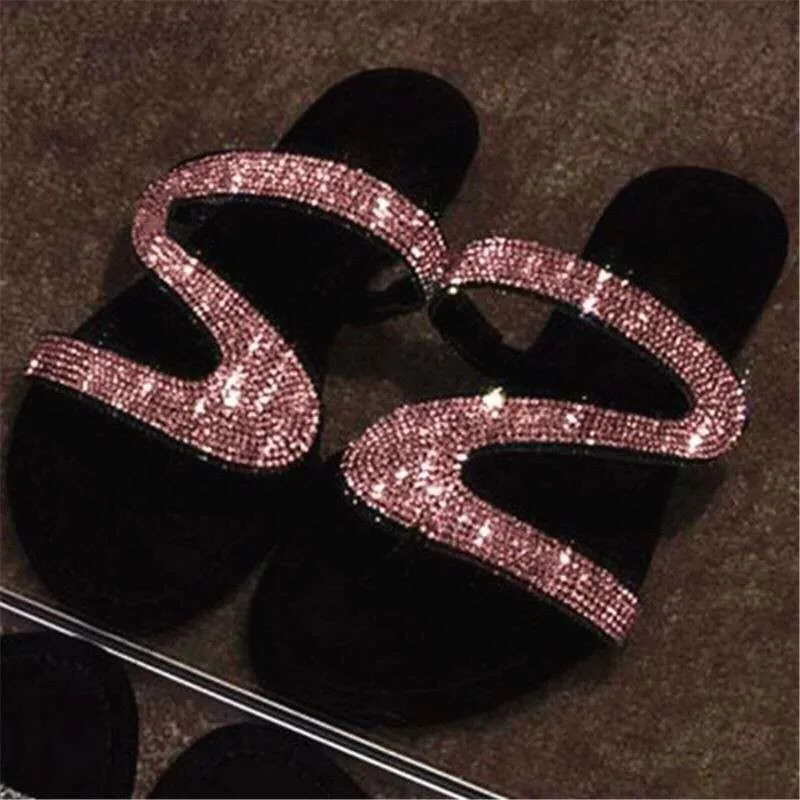 다이아몬드 경계 슬리퍼가있는 여성 샌들 두꺼운 밑창 신발 플랫 힐 플러스 크기