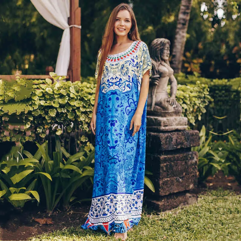 Blue Bohemian Imprimé Long Summer Beach Robes Coton Tunique Femme Porter Maillot de bain Cover Up Robe de plage Sarong Q784 210420