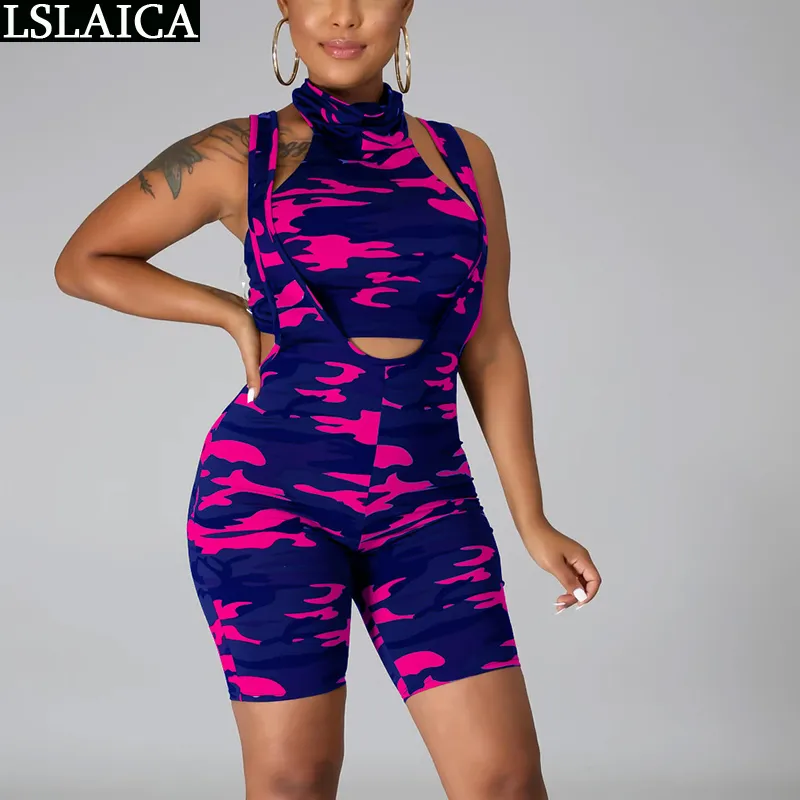 Beskära toppar Tracksuit kvinnor Camouflage Print Halter Ärmlös Set Kvinnor Outfits Kort byxor Sport Conjunto Mujer 210520