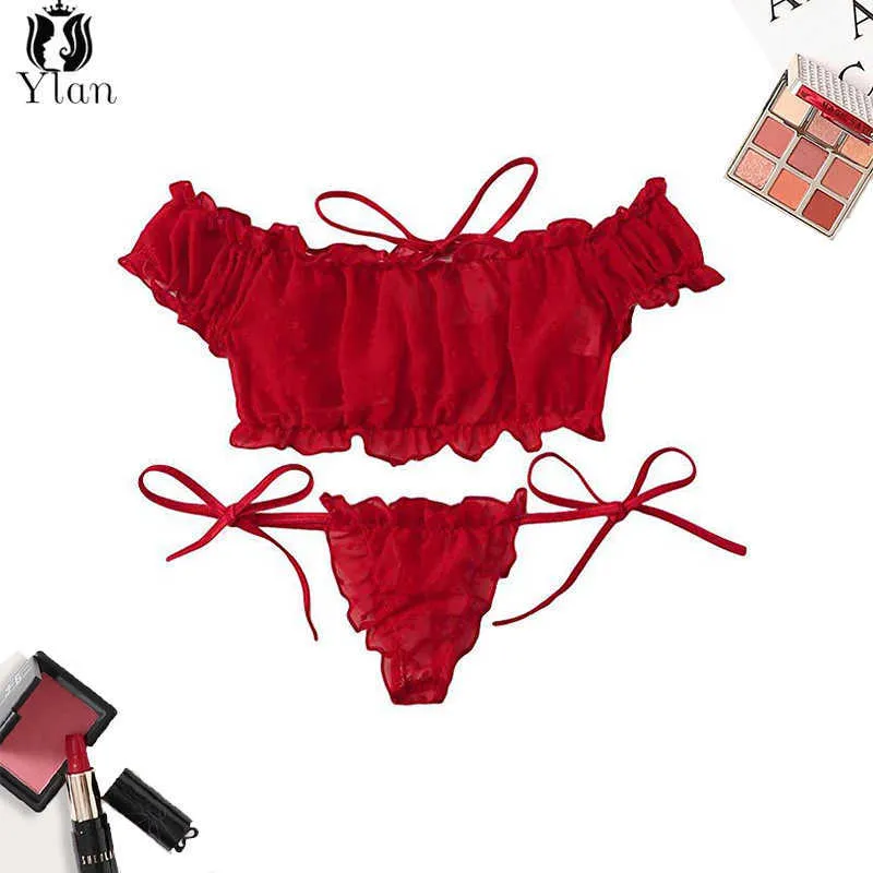 Nova Girl039s Doce Sexy Conjunto de Sutiã Manga Curta Fora Do Ombro Renda Cueca Biquíni Terno Babados Lingerie Erótica Women039s I74811967057812