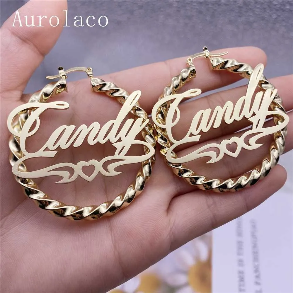 AurolaCo 30-90MM nom personnalisé boucles d'oreilles gros cerceaux en acier inoxydable Style Hip Hop pour les femmes cadeau 210924