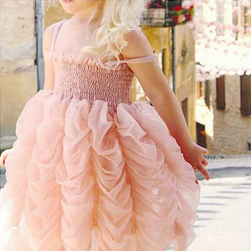 Girls Smocked Dress Pink Tulle Ballet Slip Children Princess Party for Kid Clothes E28128 210610