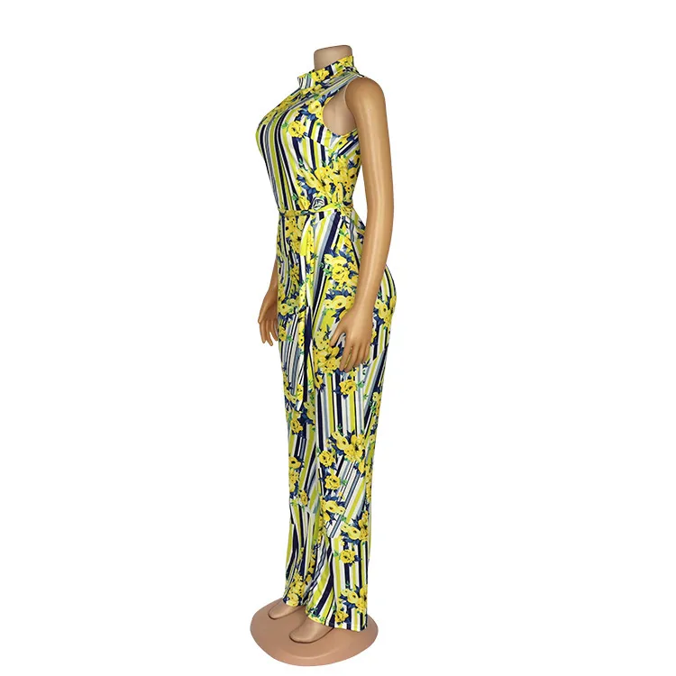 Mulheres Jumpsuit Impresso Alta Sem Mangas Elástico com Cintura Cinto Largo Pé Africano Senhora Tamanho Casual Moda Verão 210416