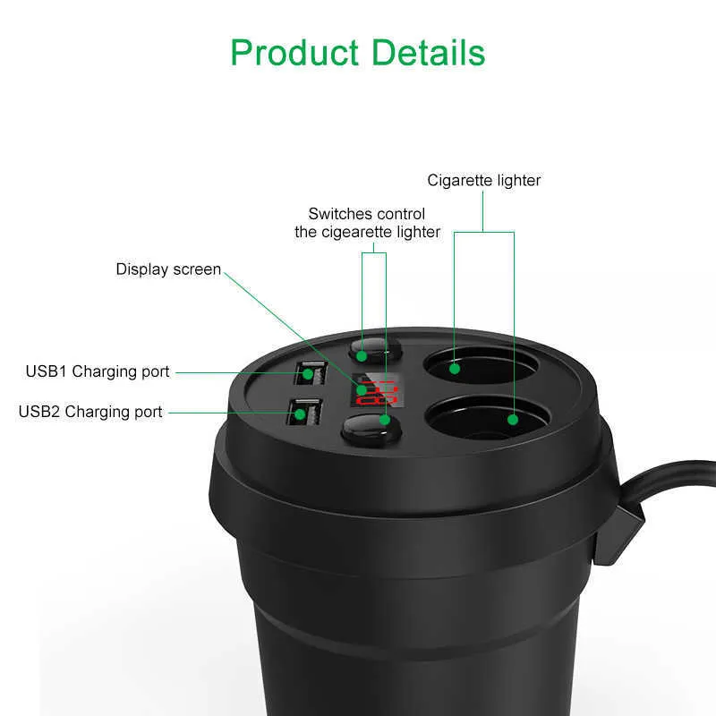 Carregador de carro 2 USB DC / 5V 3.1A Copo Power Socket Adaptador Cigarro Splitter Splitter Chargers com tensão LED Display