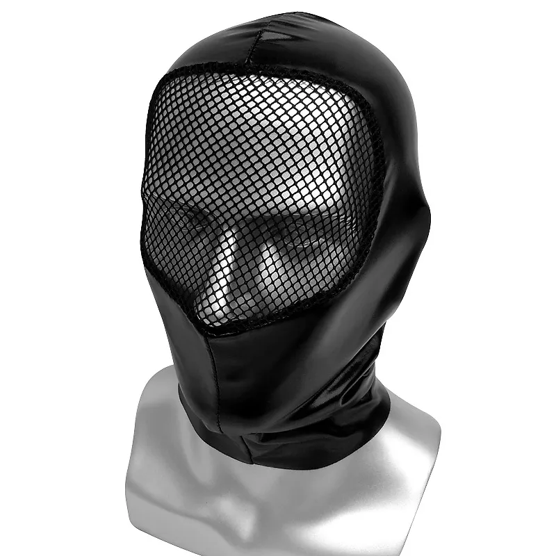 PU Lederen Unisex Hood Maskers met Face Mesh Patchwork Mens Hoofddeksels Rollenspel Halloween Cosplay Kostuum Accessoires Zwart
