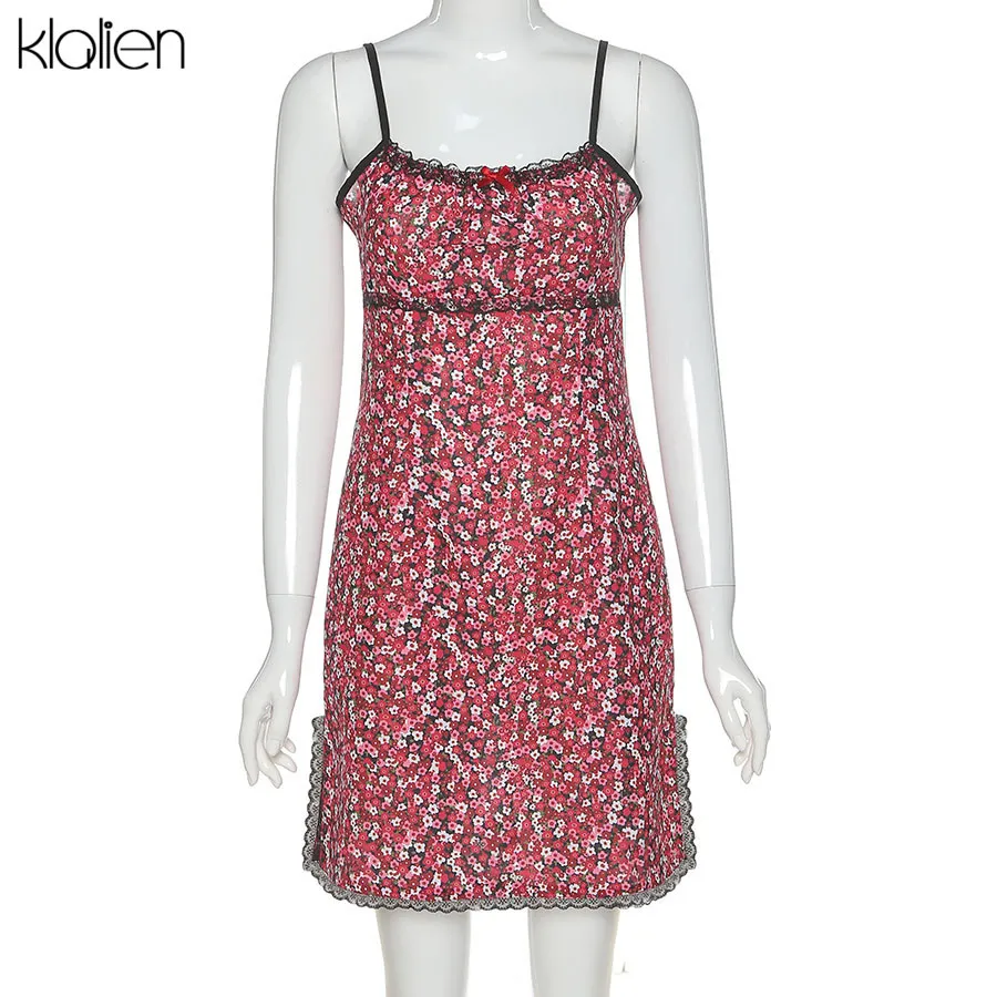 KLALIEN Frauen Sommer Boho Red Strap Minikleid Damenmode niedlich süß College-Stil Kawaii schlank weich Blumenkleid neu 210401