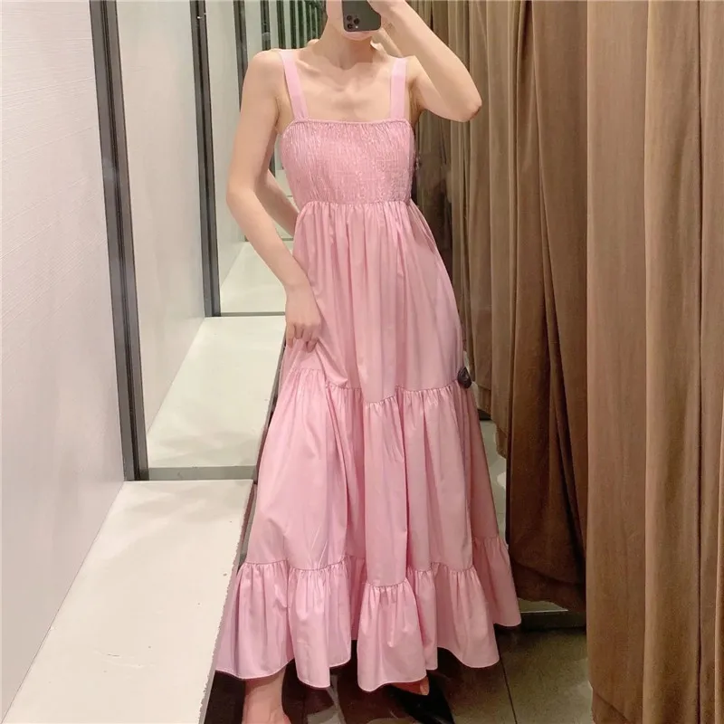 Pink Slip Midi Woman Summer Dress Ruffle Sleeveless Sexy Beach Long Dresses Women Casual Backless Sundresses 210519